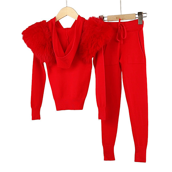 Red Shoulder Faux Fur Hood Co-ord Set size up