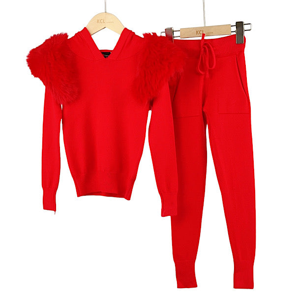 Red Shoulder Faux Fur Hood Co-ord Set size up