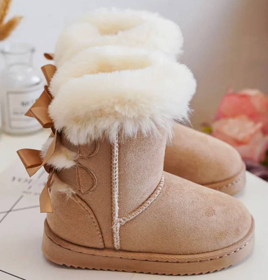 Beige Bow Sheepskin Suede Boots junior sizes