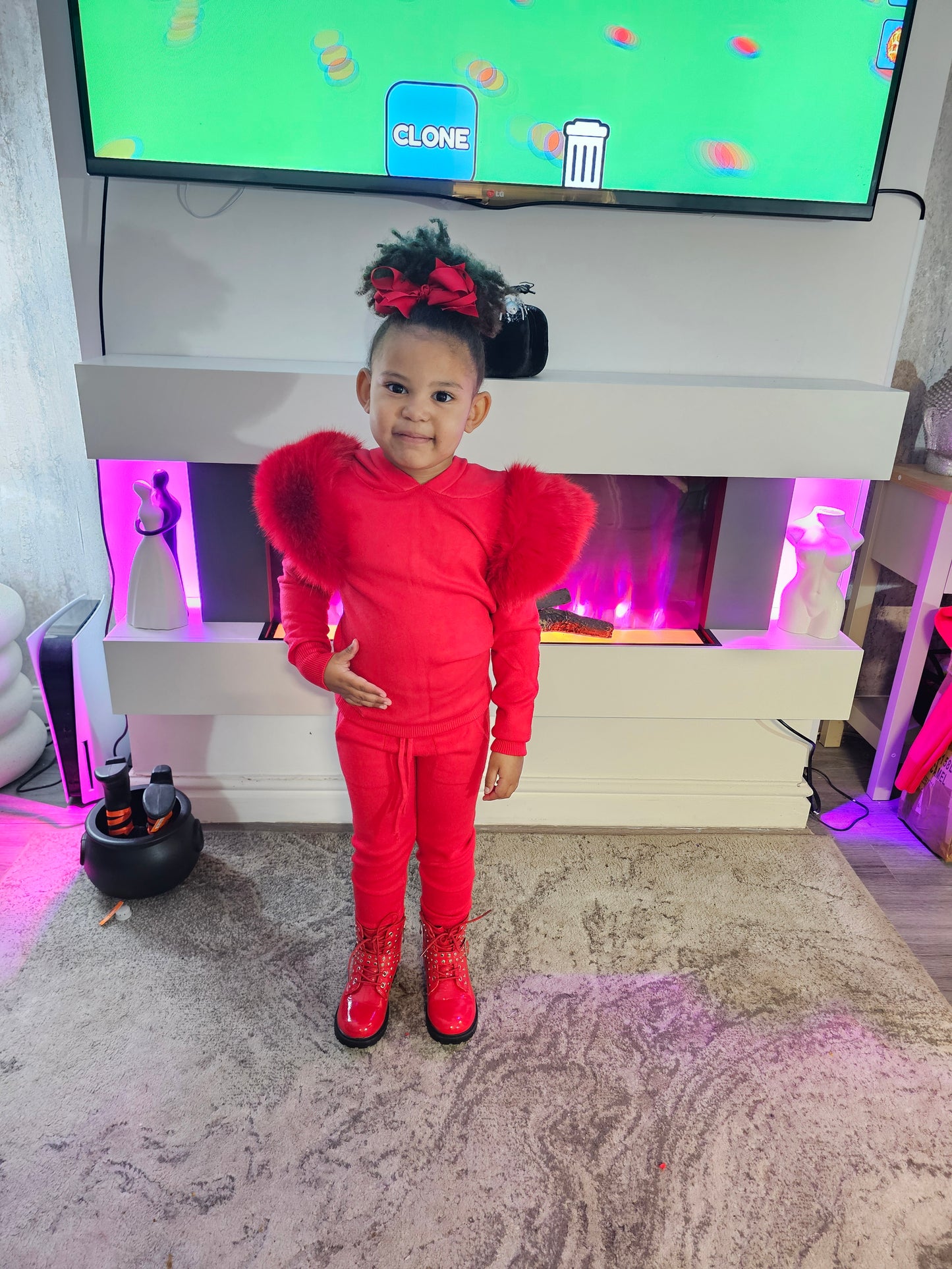 Red Shoulder Faux Fur Hood Co-ord Set size up