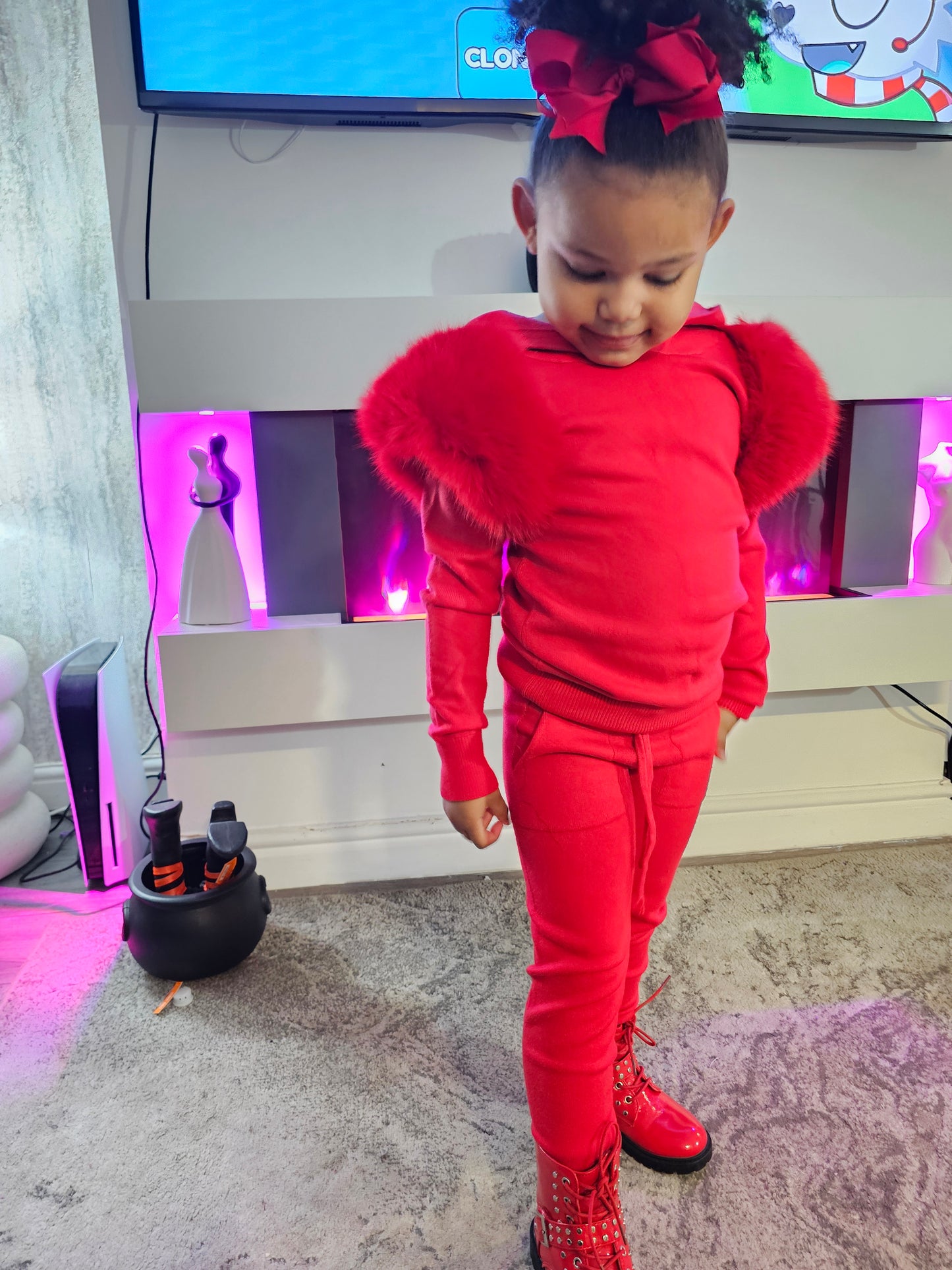 Red Shoulder Faux Fur Hood Co-ord Set size up