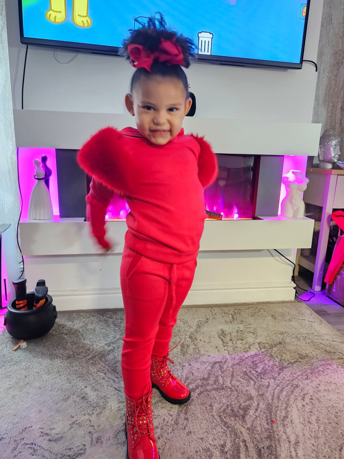 Red Shoulder Faux Fur Hood Co-ord Set size up