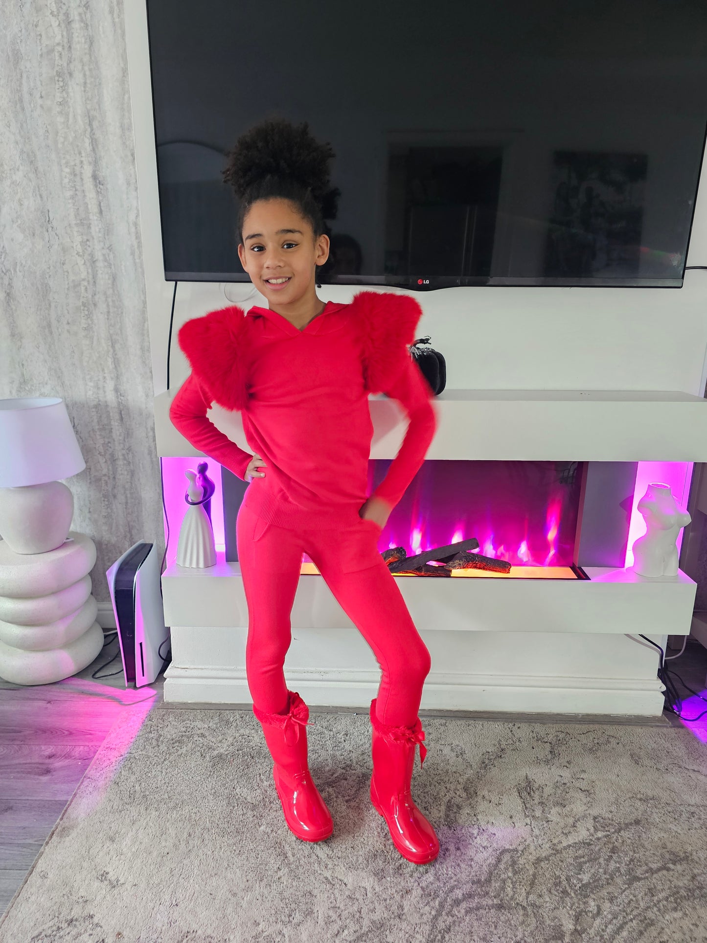 Red Shoulder Faux Fur Hood Co-ord Set size up