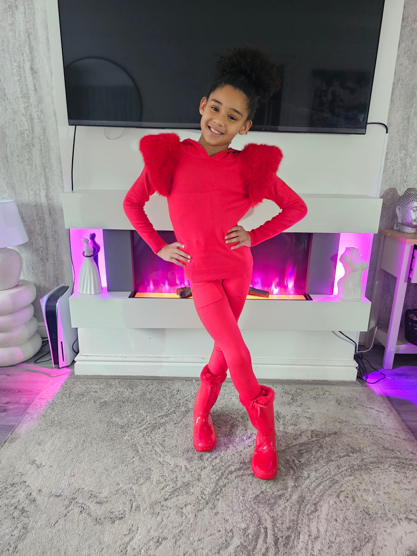 Red Shoulder Faux Fur Hood Co-ord Set size up