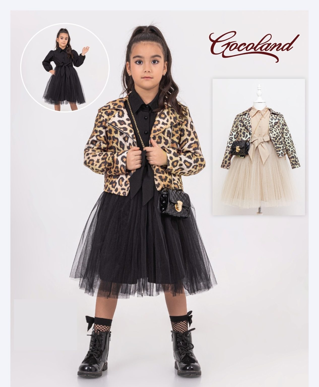 Girls Net Bow Dress & Leopard Jacket Set and bag. size up.