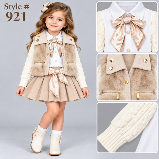 Girls 3pc Knitted Sleeves Shirt, Fur Gilet & Pleated Skirt Set (2-5y) cream