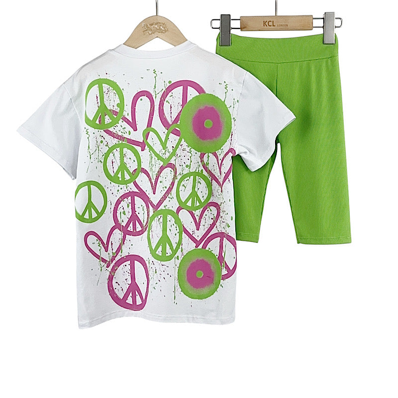 Green Graffiti Heart & Peace Cycling Shorts Set 2-14 Years