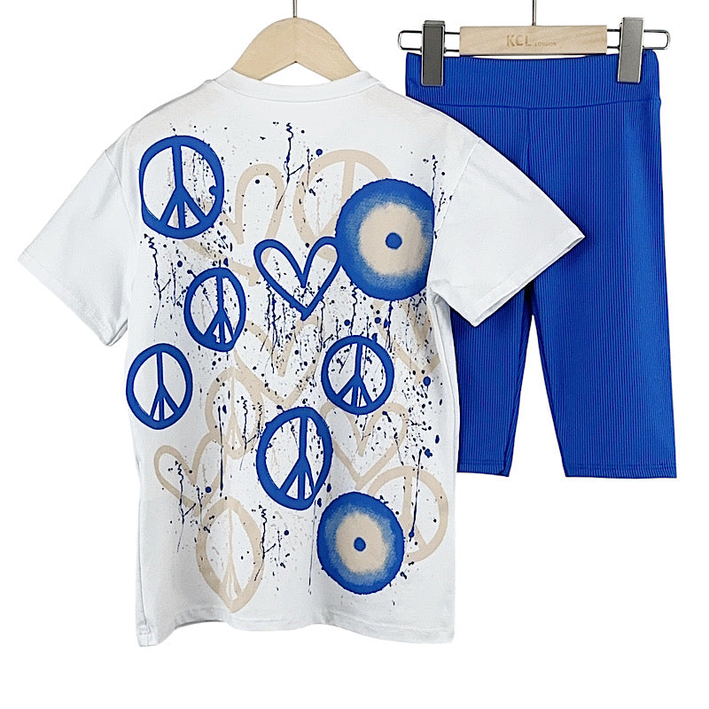 Royal Blue Graffiti Heart & Peace Cycling Shorts Set 2-14 Years