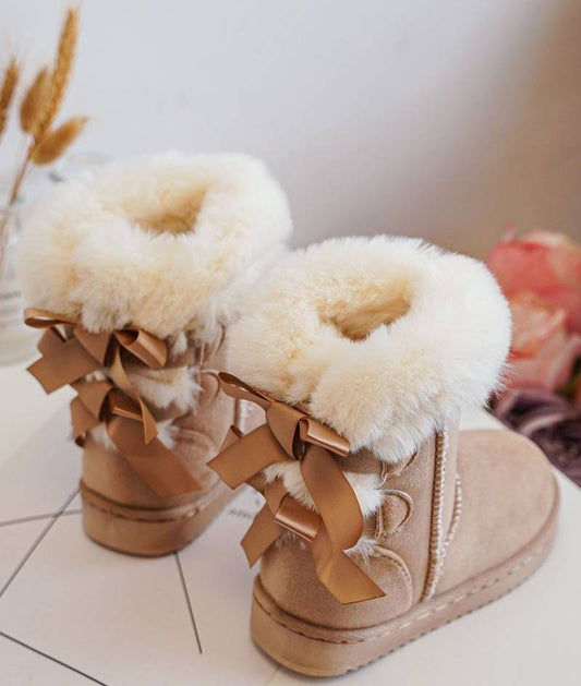 Beige Bow Sheepskin Suede Boots junior sizes