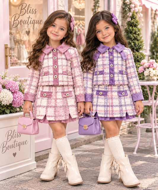 Girls 2pc Velvet Trim Check Skirt Set (2-8y)