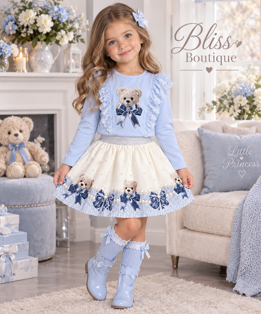 Blue teddy skirt set