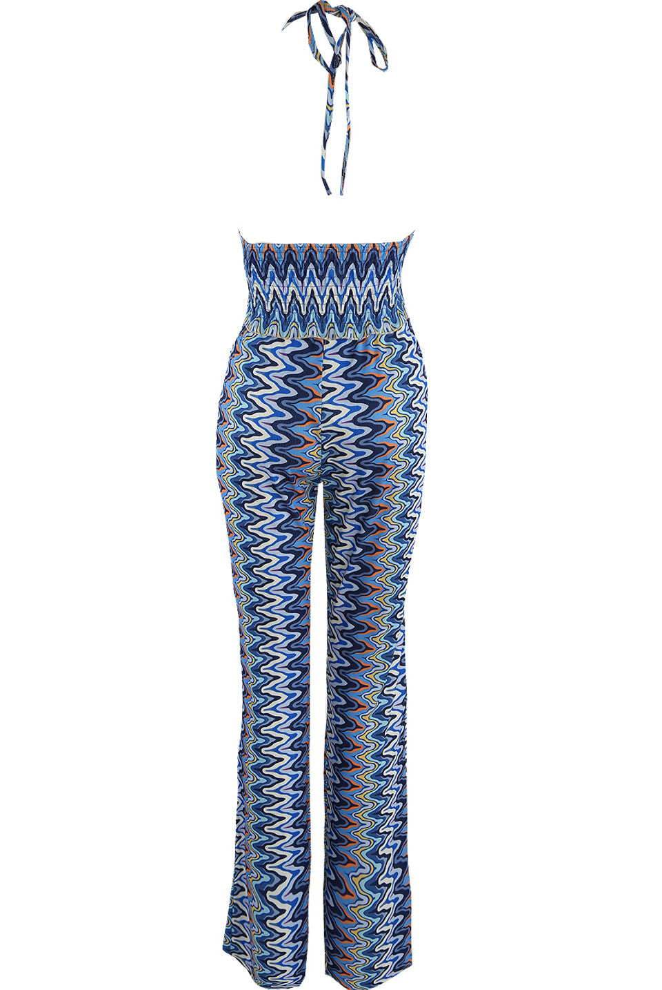 Blue Wavy Halter Neck Dip Top & Trousers Set