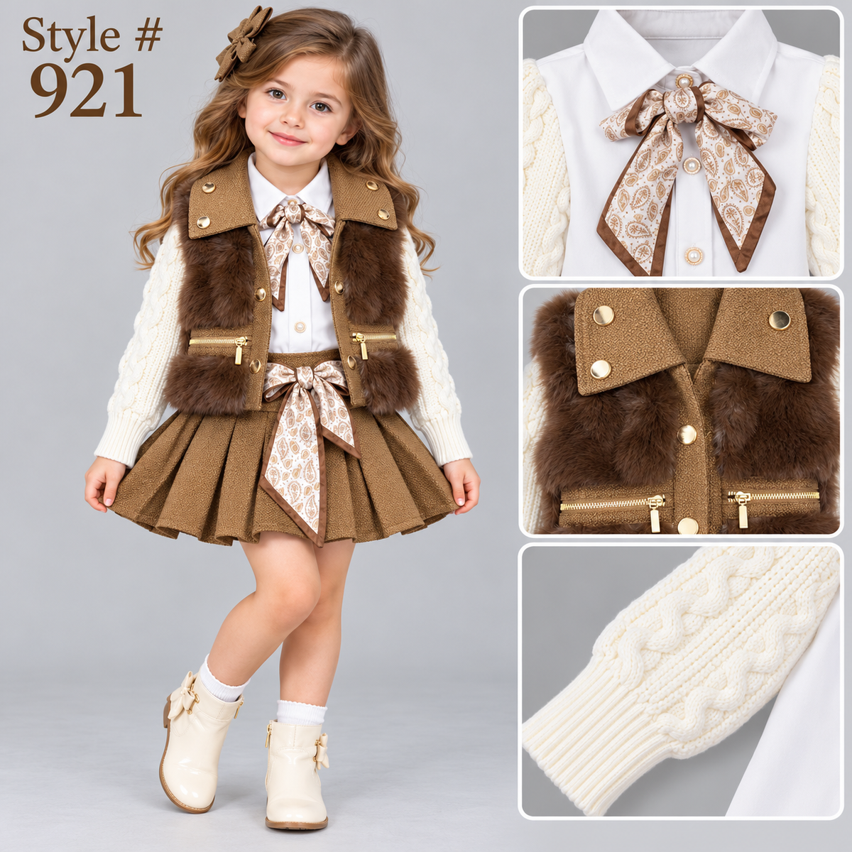 Girls 3pc Knitted Sleeves Shirt, Fur Gilet & Pleated Skirt Set (2-5y)