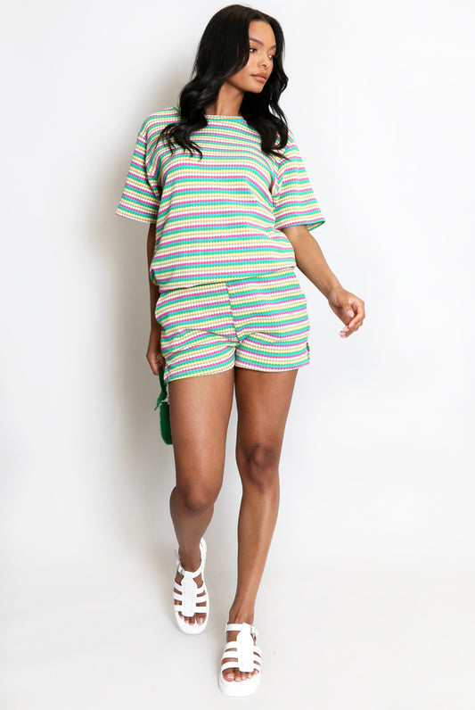 Striped Woven Short Sleeve Top And Trouser Set
