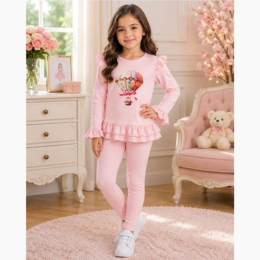 Girls Pink Frill Lounge Set with Hot Air Balloon Print 1-8 Years