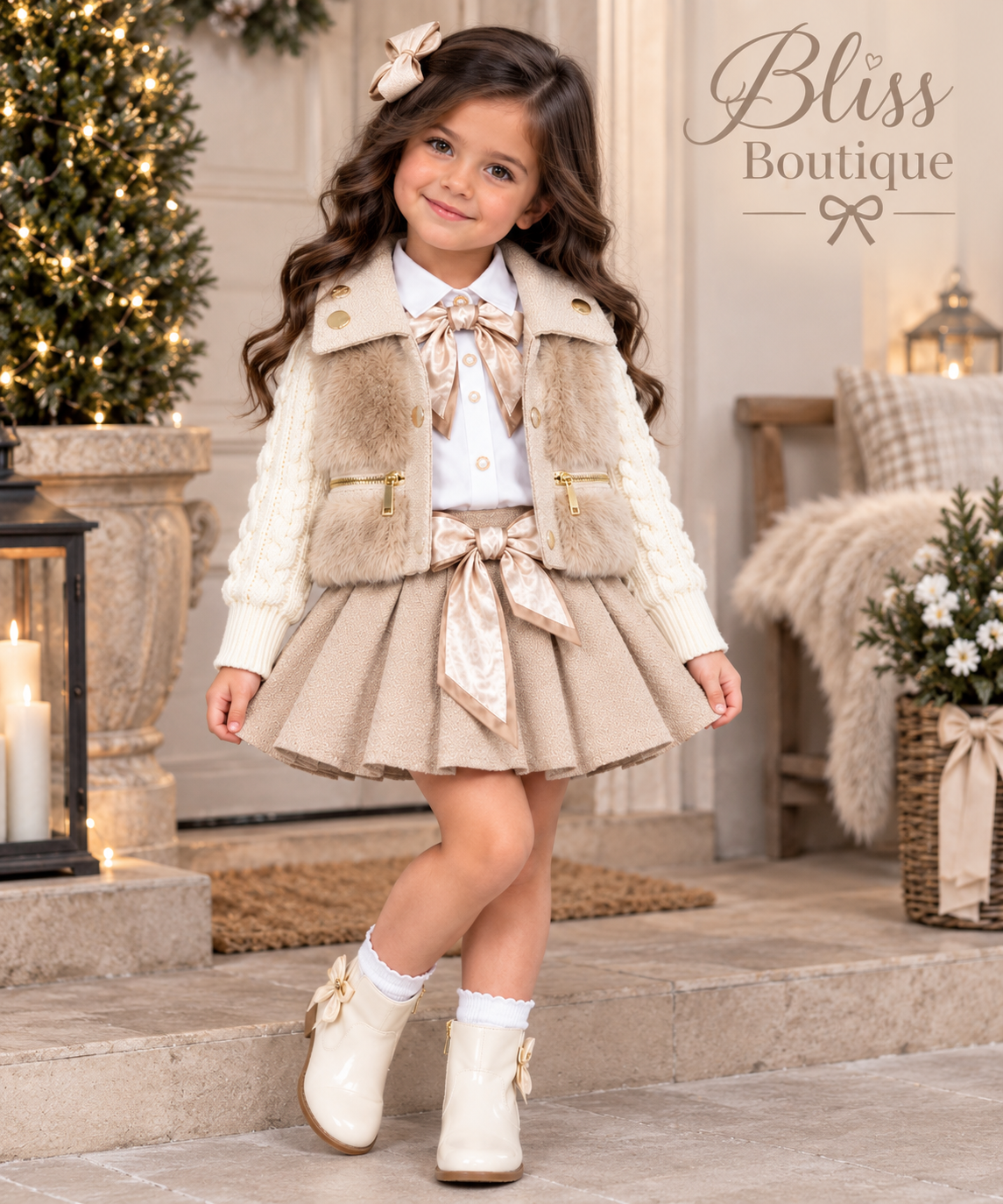 Girls 3pc Knitted Sleeves Shirt, Fur Gilet & Pleated Skirt Set (2-5y) cream