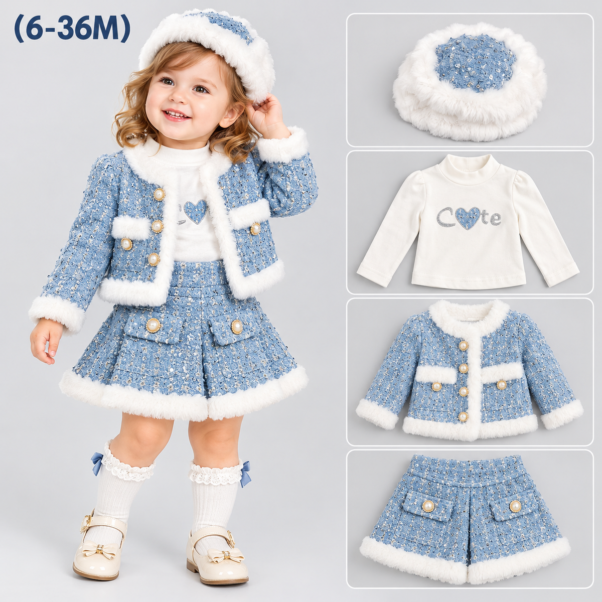 Baby Girls 4pc Fur Trim Jacket & Skirt Set with Hat (6m-4y)