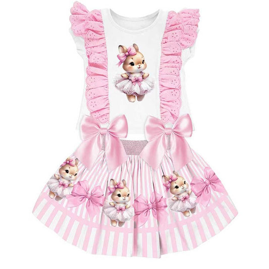 Baby Pink Bear Ruffle Top & Skirt Set 1-8 Years