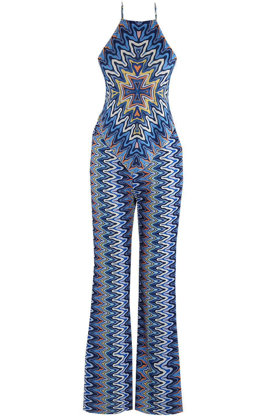 Blue Wavy Halter Neck Dip Top & Trousers Set