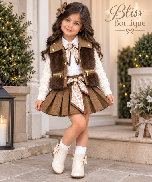 Girls 3pc Knitted Sleeves Shirt, Fur Gilet & Pleated Skirt Set (2-5y)