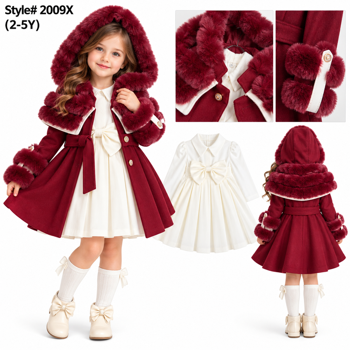 Girls 2pc Fur Trim Hooded Coat & Pleated Dress Set (2-5y)