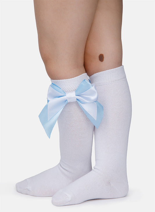 Baby Girl Knee Socks with Satin Double Bow - White & Baby Blue