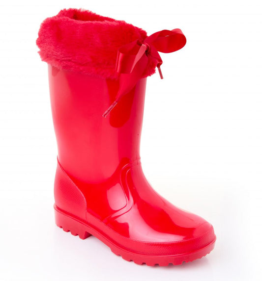 Welly boot with fur and ribbon top.
Red