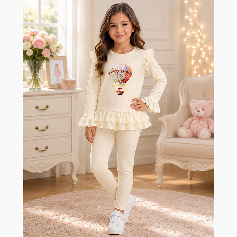 Girls cream Frill Lounge Set with Hot Air Balloon Print 1-8 Years