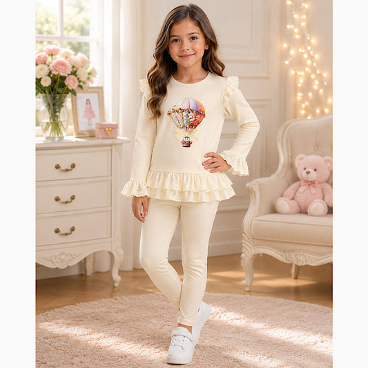 Girls cream Frill Lounge Set with Hot Air Balloon Print 1-8 Years