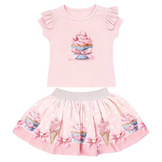 Baby Pink Cupcake Bow Ruffle Top & Skirt Set 1-8 Years