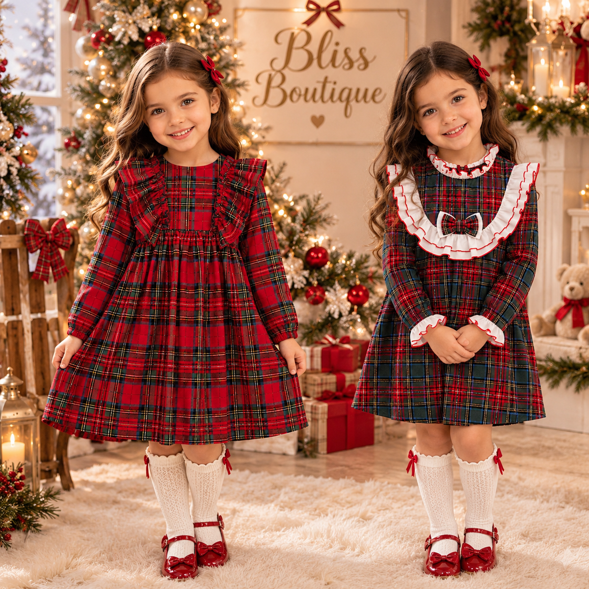 Red/Green Tartan & White Ruffle Frill Bow Christmas Dress 2-8