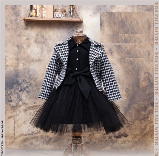 Girls Net Diamante Buttoned Dress & Dogtooth Jacket Set