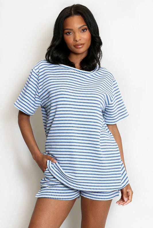 Striped Woven Short Sleeve Top And Trouser Set