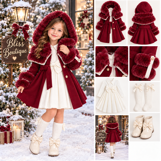 Girls 2pc Fur Trim Hooded Coat & Pleated Dress Set (2-5y)