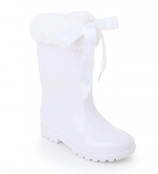 Welly boot with fur and ribbon top.
White