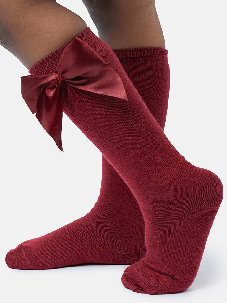 Baby Girl Vibrant Big Satin Bow Knee Socks - Burgundy