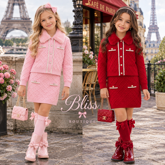 Girls Tweed Knit Skirt Set with Faux Fur Trim 4-13 Years