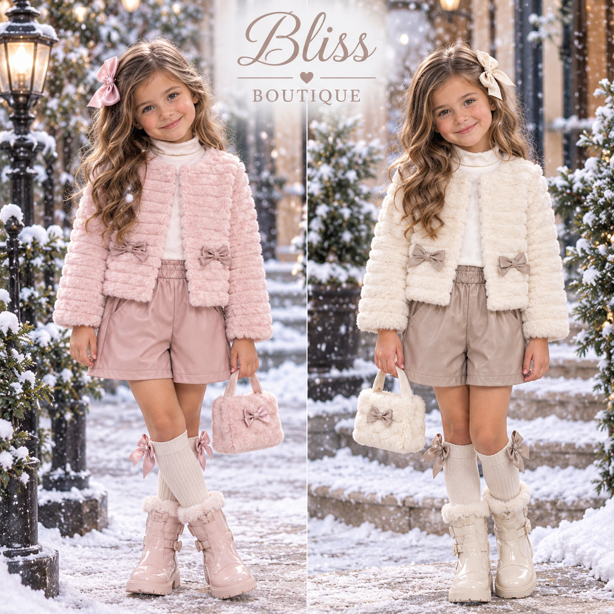 Pink or cream Leather Look Shorts, Top & Faux Fur Jacket Set