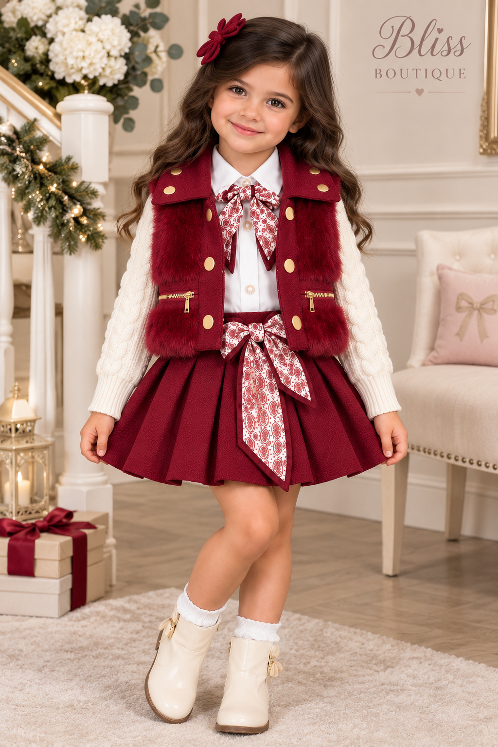 Girls 3pc Knitted Sleeves Shirt, Fur Gilet & Pleated Skirt Set (2-5y) burgundy