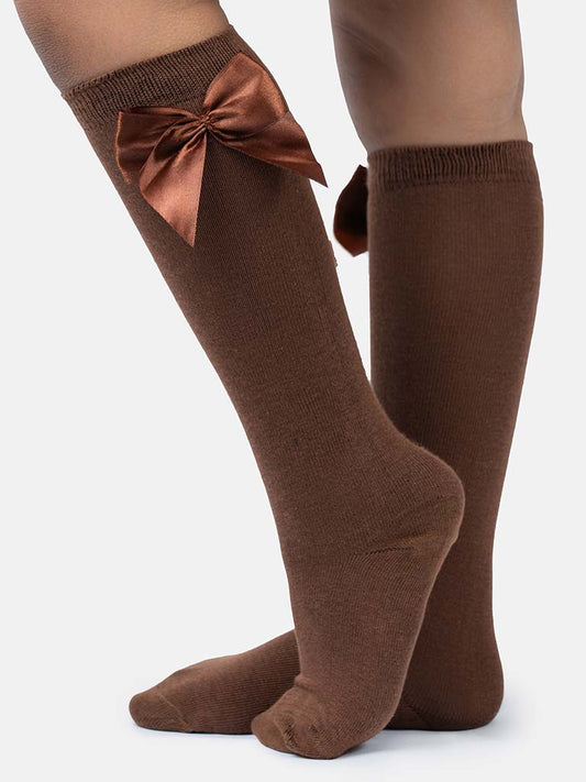Baby Girl Vibrant Big Satin Bow Knee Socks - Brown