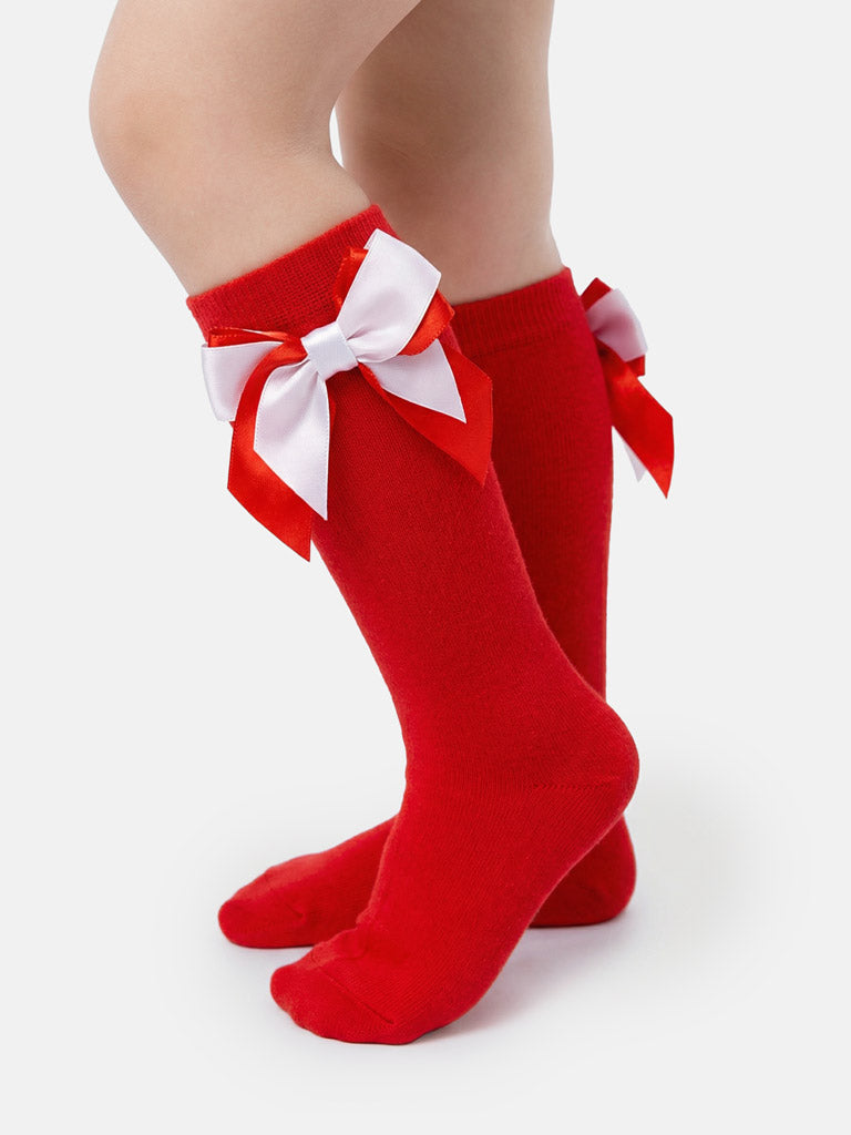 Baby Girl Knee Socks with Satin Double Bow - red