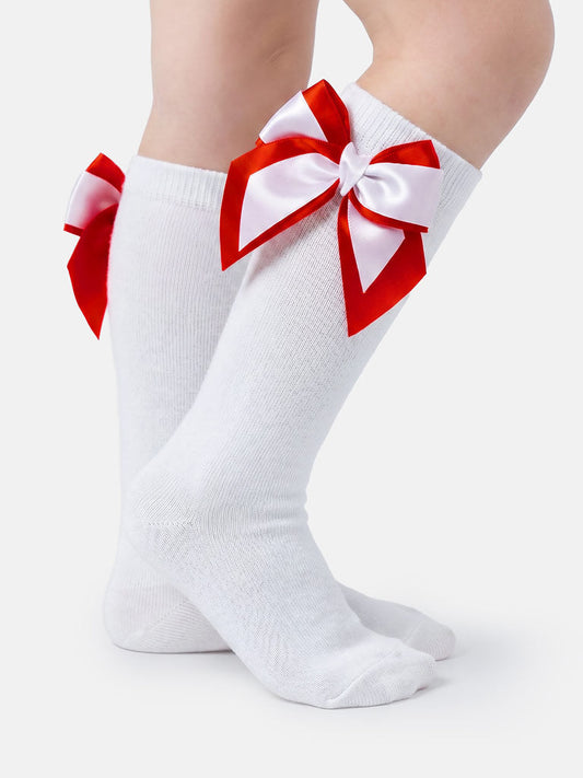 Baby Girl Knee Socks with Satin Double Bow - red & White