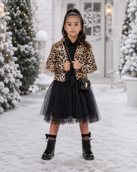 Girls Net Bow Dress & Leopard Jacket Set and bag size up.